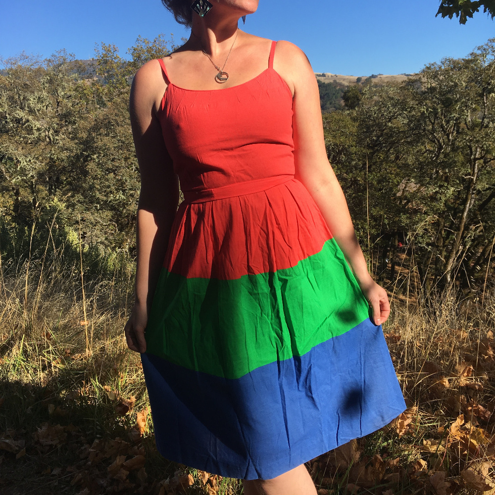 Vintage Red Green and Blue Cotton Sun Dress